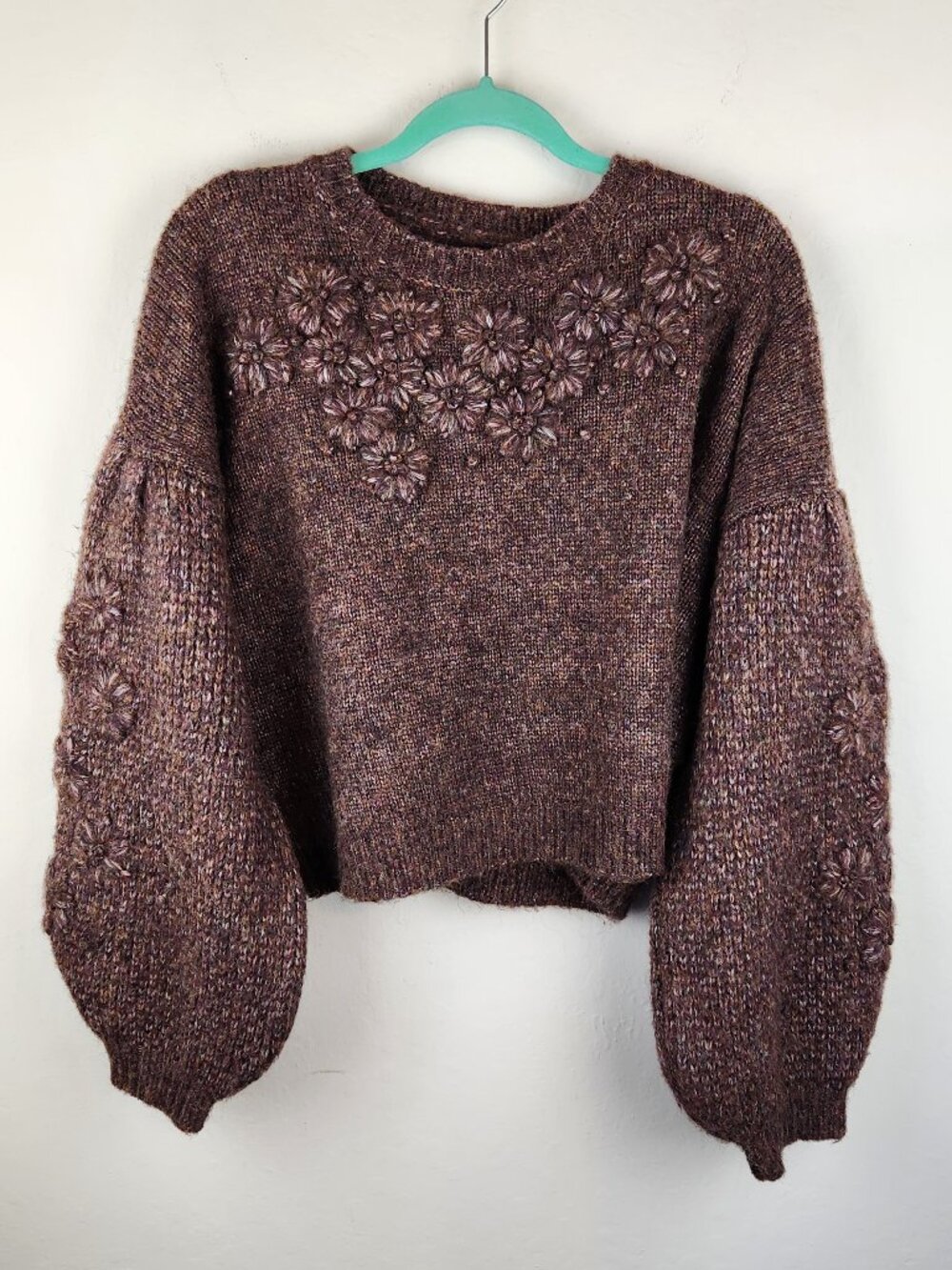 dRA Anthropologie Cynthia Floral Wool Blend Puff Sleeve Sweater Brown sz L